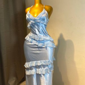 Sea Blue Ruffle Satin Maxi Dress